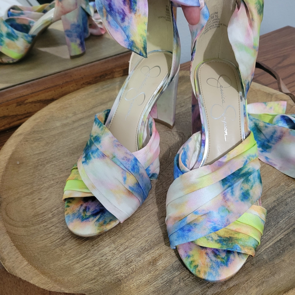 NEW Jessica Simpson Noelene 8 M Watercolor Pastel Color Heels Silky Ankle Strap - Picture 3 of 10